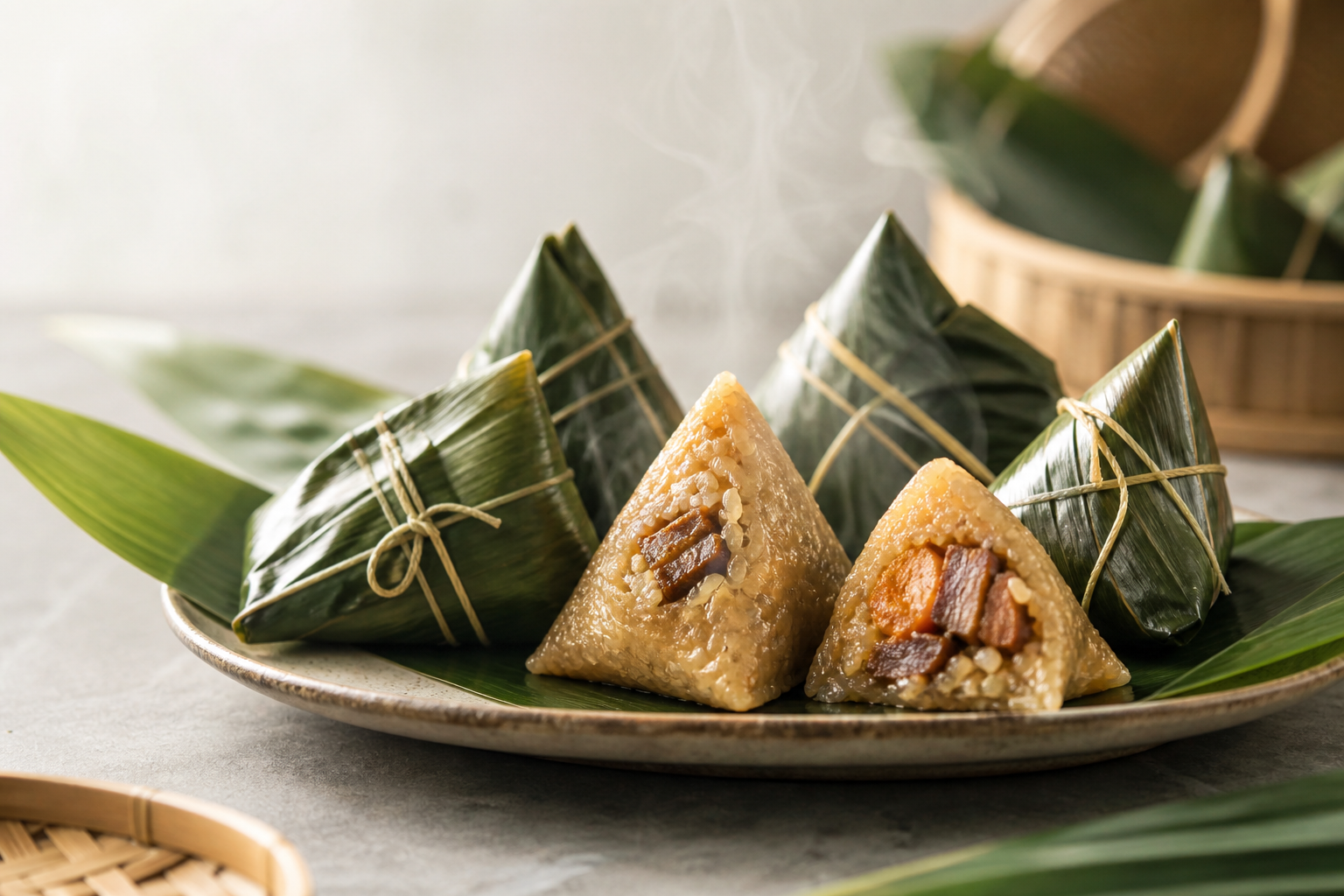Fresh handmade zongzi wrapped in bamboo leaves with savory rice filling